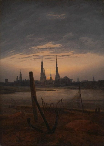 Stadt bei Mondaufgang