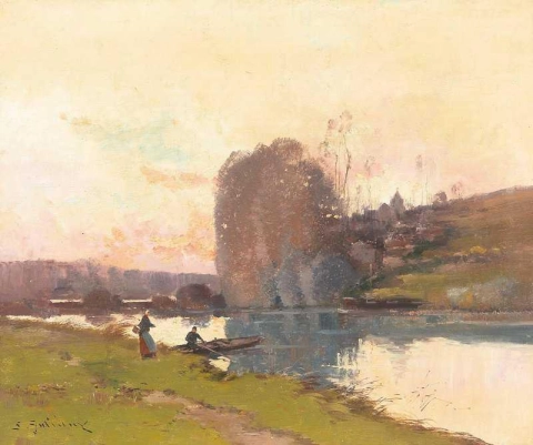 Orilla del río al atardecer con figuras decorativas