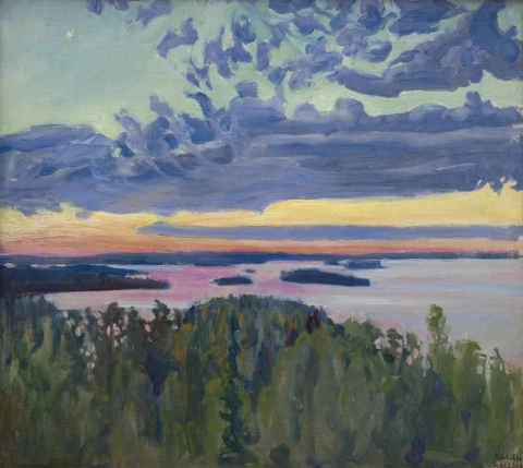 Näkymä järvelle auringonlaskun aikaan noin 1905