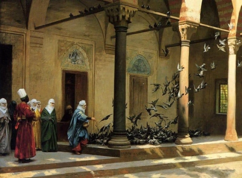 Harem Women Feeding Pigeons In A Courtyard 1894