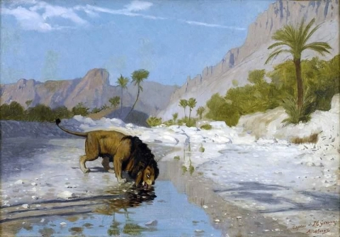 Leão bebendo de um riacho no deserto, por volta de 1885