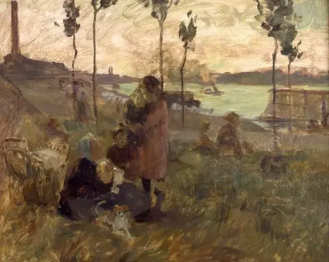 Mother And Children Along A River