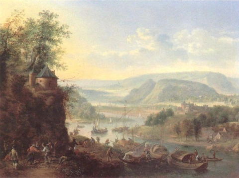 Griffier Robert Rheinische Landschaft mit entladenden Lastkähnen und Bauerntanz auf einer Schiene