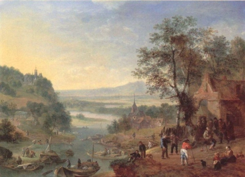 Griffier Robert Rheinische Landschaft mit entladenden Lastkähnen und bäuerlichen Fröhlichkeiten vor einem Gasthaus