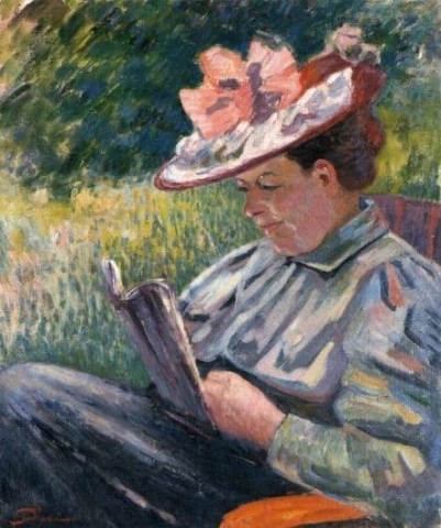 Madame Guillaumin legge in giardino