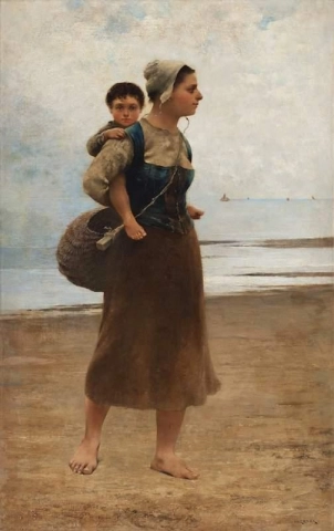 Pescadora con niño en una playa