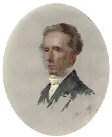 Porträtt av en gentleman bystlängd i en grå kostym 1854