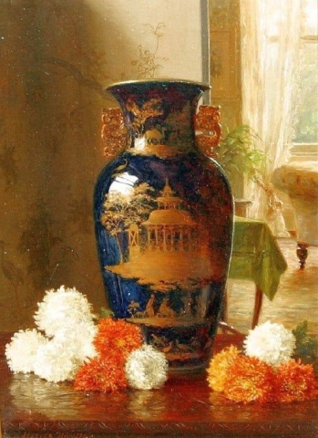 Still Life Depicting Japanese Vase Chyrysanthums With Victorian Furniture In Background