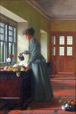 Vrouw bij raam met bloemen ca. 1897