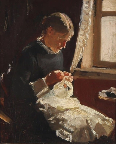 Een jonge vrouw die bij het raam naait, 1879