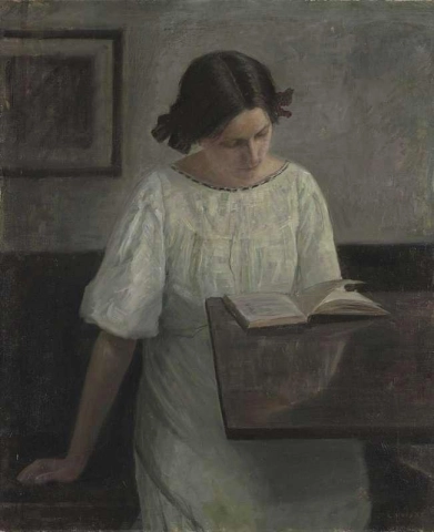 La esposa del artista vestida de blanco leyendo