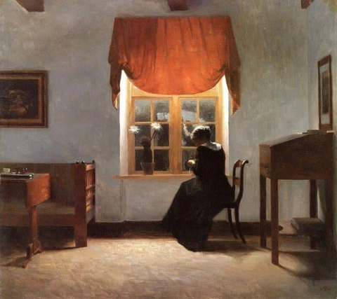 Vrouw die bij het raam breit, 1902