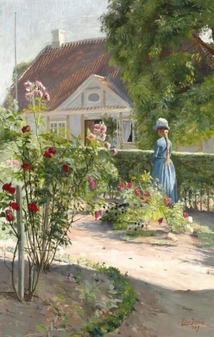 Mujer joven en un jardín de rosas 1889