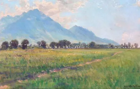 View Of Italian Fields. In The Background Mountains