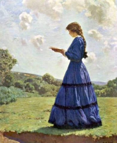 Girl Stands In A Field Reading Her Book