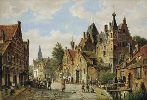 Een drukke straat op een zonnige dag in een Nederlandse stad, 1867