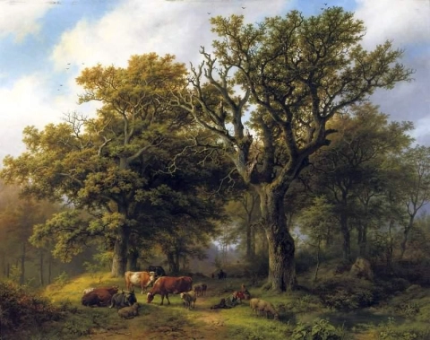 A Herdsman And His Cattle Resting Under An Oak Tree A Ruin In The Distance