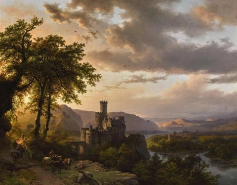 Uma paisagem montanhosa com castelo e viajantes em um caminho, 1855