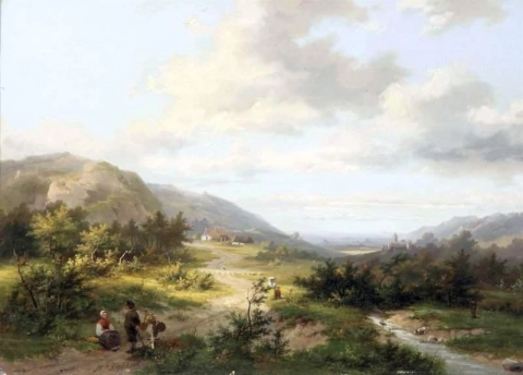 A Hilly Landscape With Travellers And A Shepherd On A Track A Castle In The Distance