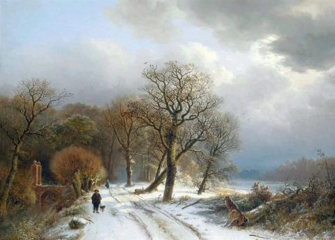 Een ochtendwandeling op een pad in het bos in de winter van 1836