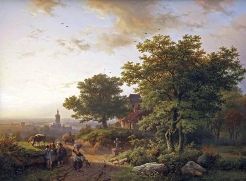 Een bergachtig landschap met uitzicht op een stad in de verte, 1854