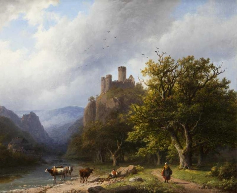 Eine Gebirgslandschaft mit Figuren und Rindern an einem Talbach, 1855