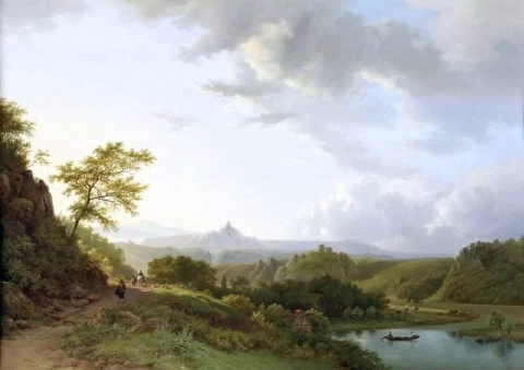 Eine panoramische Sommerlandschaft mit Reisenden und einer Burgruine in der Ferne, 1835