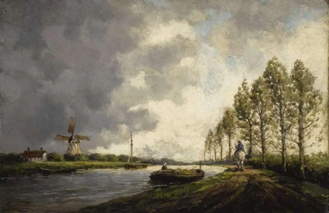 A River Landscape With A Horseman On A Path And Windmills Beyond