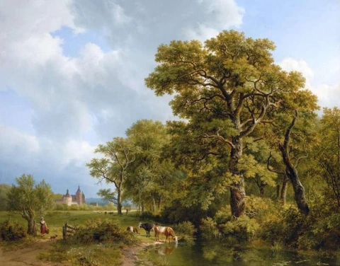 Eine Sommerlandschaft mit Kühen, die in der Ferne ein Schloss bewässern, 1836