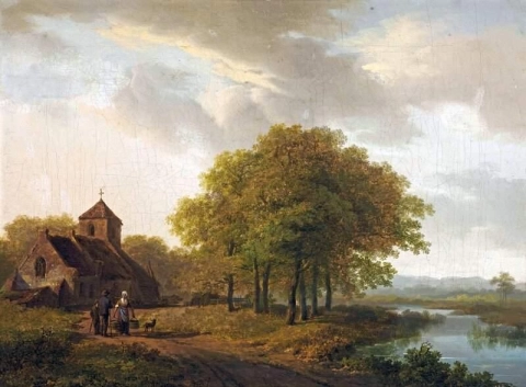 Een zomerlandschap met figuren bij een beek en een kerk achter 1824