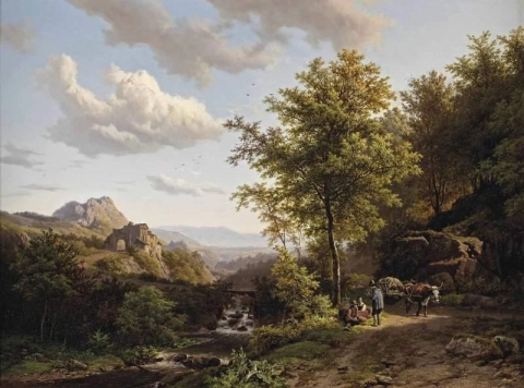 Un paisaje de verano con figuras descansando cerca de un arroyo 1843