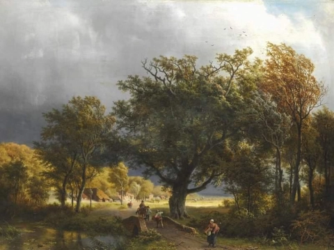 Eine Sommerlandschaft mit Reisenden auf einer Waldstraße 1853