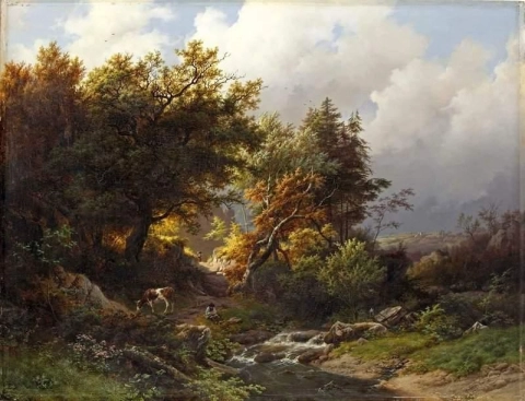 En solbelyst skog etter en storm 1848