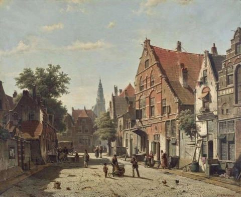 Een zonnige straat met een verre kerktoren