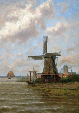 Una vista de Dordrecht con el molino de viento De Eendragt 1899