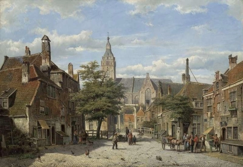 Uma vista da Hoogstraat em direção à igreja da vila Abcoude, ca. 1867