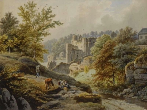 Uma vista do Castelo de Beaufort, Luxemburgo, 1845