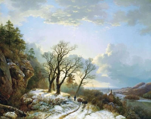 Uma paisagem de inverno com um viajante em um caminho, 1834