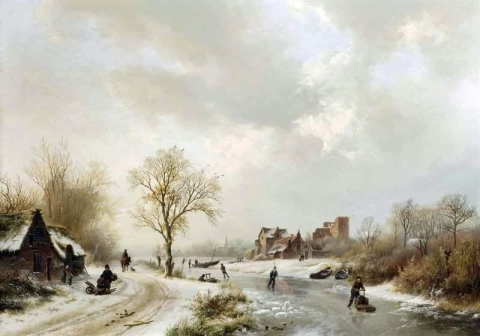 Eine Winterlandschaft mit Figuren auf einem Weg und Schlittschuhläufern auf einer gefrorenen Wasserstraße 1838