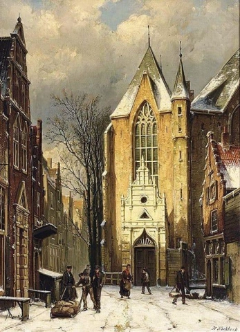 En vintrig utsikt över Westerstraat med Westerkerk Enkhuizen