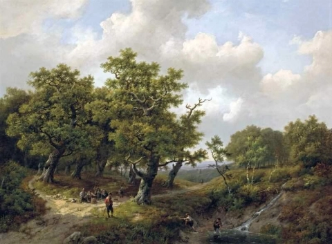 Uma paisagem arborizada com figuras descansando perto de um riacho, 1861