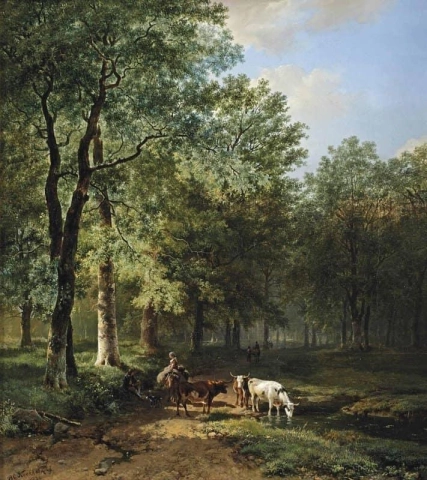 Een bosrijk landschap met reizigers die rusten op een zonovergoten pad, 1830