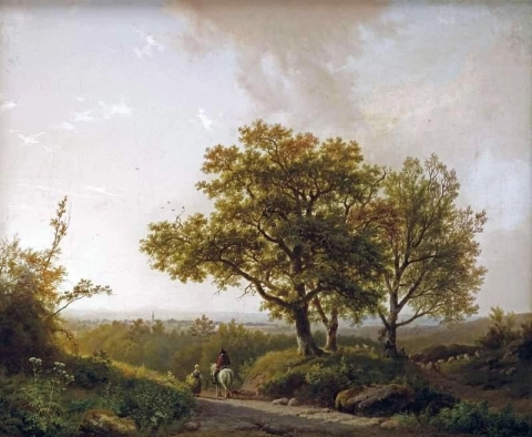 Een uitgestrekt landschap met reizigers op een zonovergoten pad Een zicht op Nijmegen na 1839