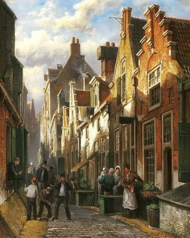 Crowded Dutch Street In The Late Afternoon Sun