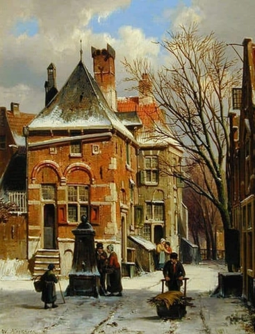 Nederlands wintertafereel met figuren bij een put, 1867