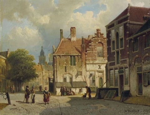 Figuren op een Nederlands stadsplein 1860