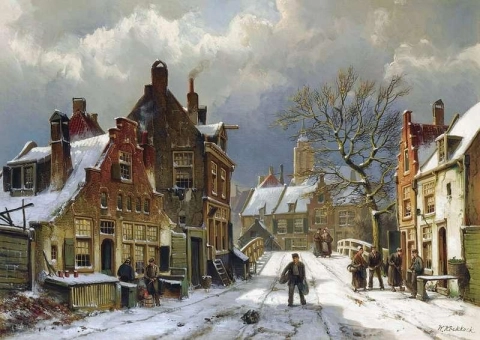 Figures In The Streets Of A Wintry Dutch Town