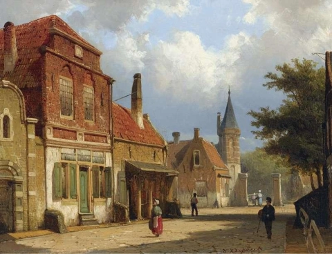 Figures In The Sunlit Streets Of A Dutch Town