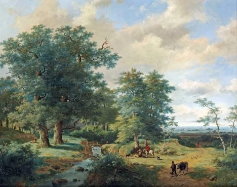 Figuren in het bos bij een stroom, 1865