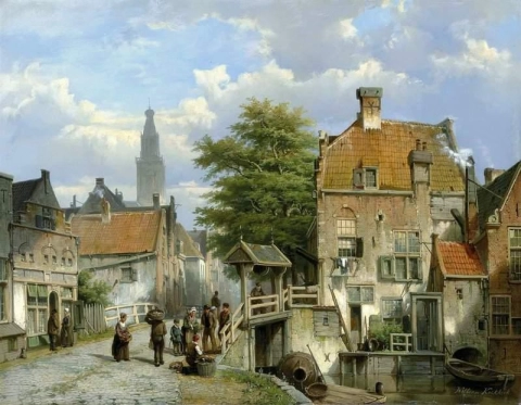 Figures On A Bridge By A Dutch Canal